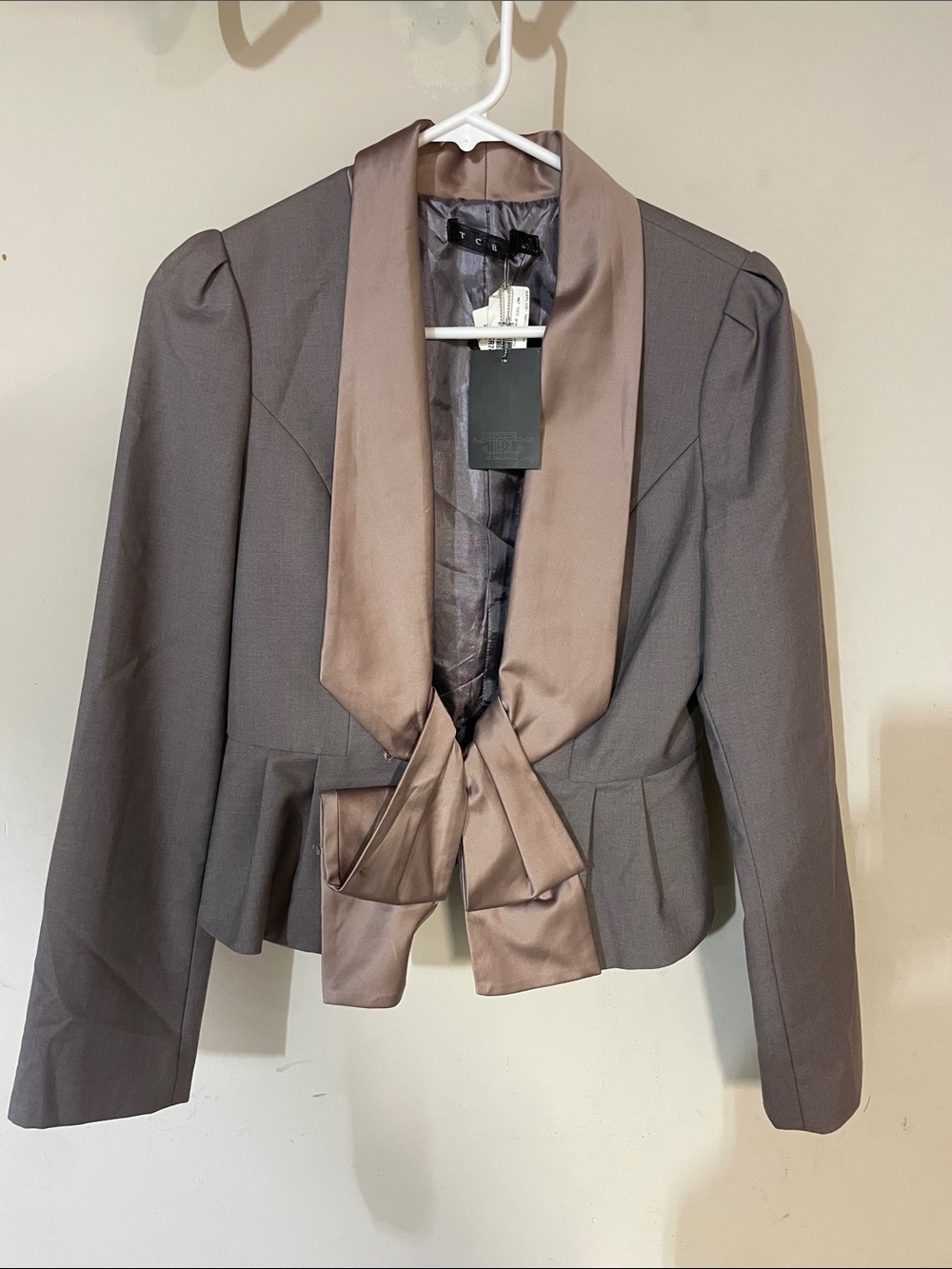 TCEC Taupe Satin-Trim Peplum Blazer